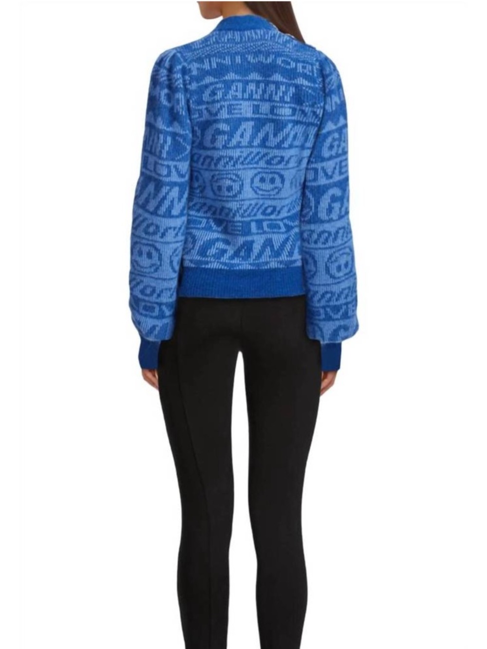 GANNI Alpaca and Merino Wool Jaquard Logo Button Sweater in Blue NWT's Sz Small - Picture 17 of 17